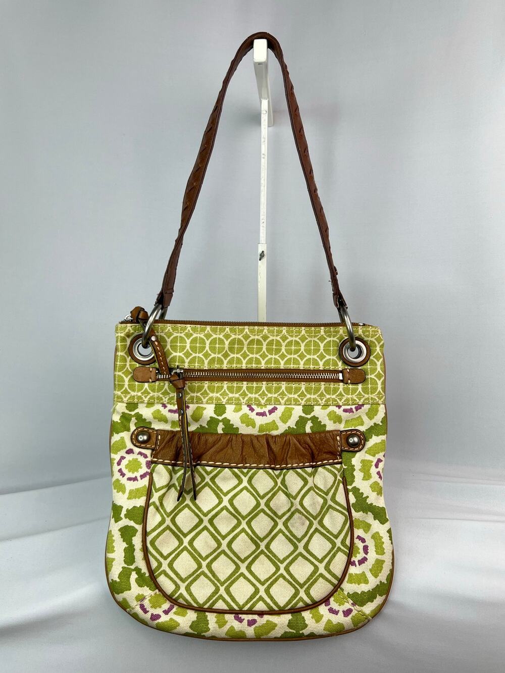 Fossil Keyper Canvas Leather Crossbody Bag Green Geometric Floral Boho Purse